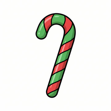 Green and red striped candy cane flat vector icon for playful children winter holiday promo