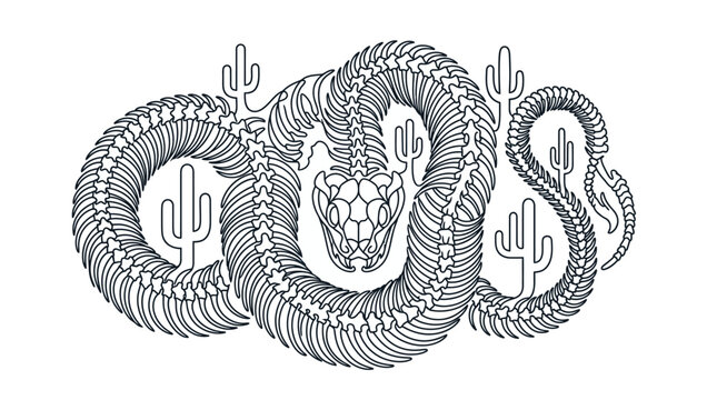 Stylized black and white vector line art of a coiled rattlesnake skeleton with detailed ribs and skull, surrounded by minimalist saguaro cacti silhouettes on a plain white background.