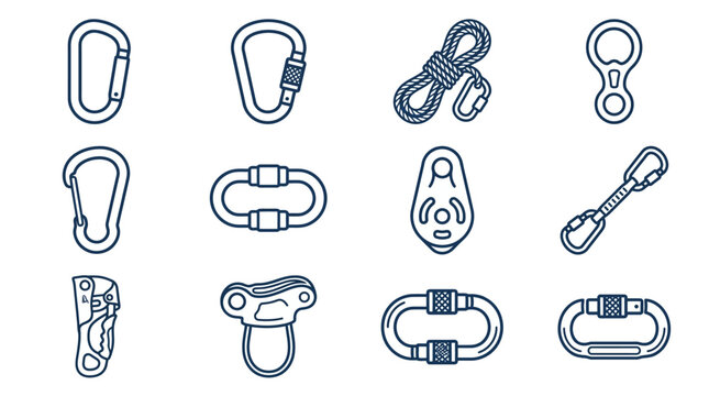 Climbing Gear Icons: Carabiners, Rope, Pulley, Descender, Belay Device, Ascender