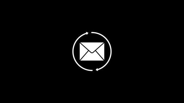 Animated white envelope icon with circular arrows representing email synchronization, incoming message refresh, newsletter updates, and digital communication transfer concept on black background.