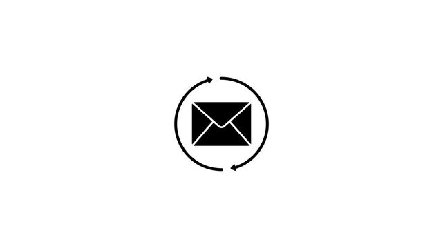 Animated black envelope icon with circular arrows representing email synchronization, incoming message refresh, newsletter updates, and digital communication transfer concept on white background.