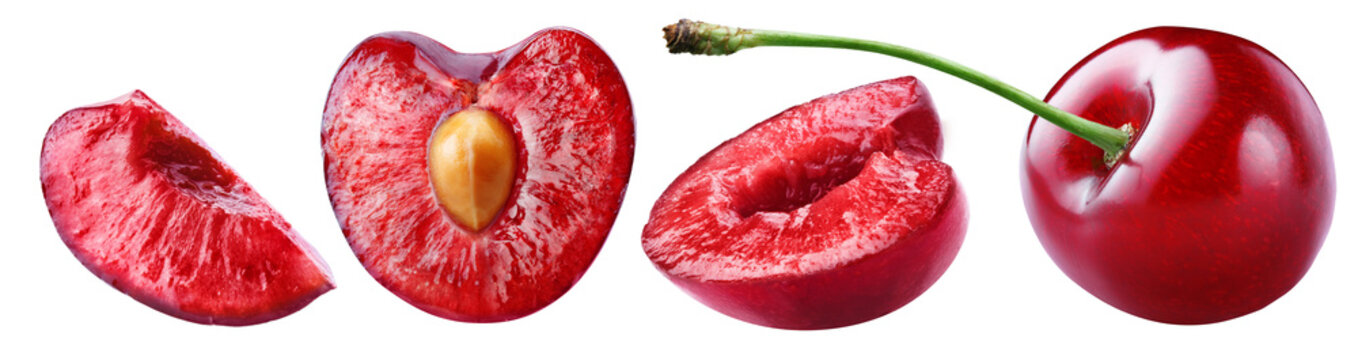 Set of whole and sliced ripe sweet cherries isolated on transparent background.