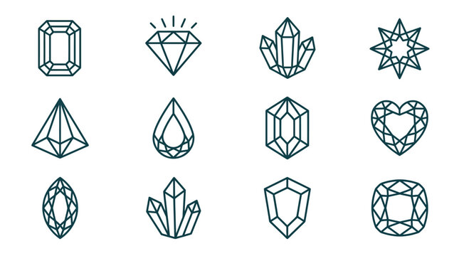 Gemstone Icons Set: Diamonds, Crystals, Geometric Shapes for Jewelry Design