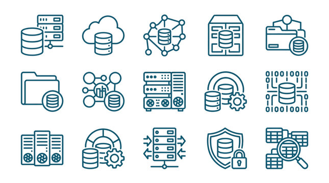 Database Icons Set: Cloud, Network, Server, Folder, Analytics, Security, Binary Code