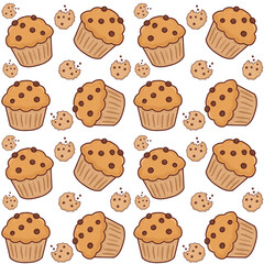 Fototapeta premium Muffin Seamless Pattern with Chocolate Chip Cupcakes