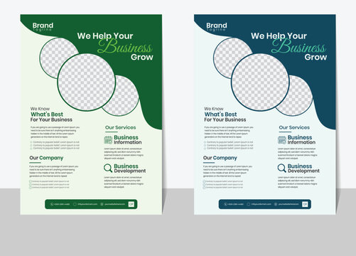 Corporate business flyer template with overlapping circle photo collage, two colour options, for company growth profile