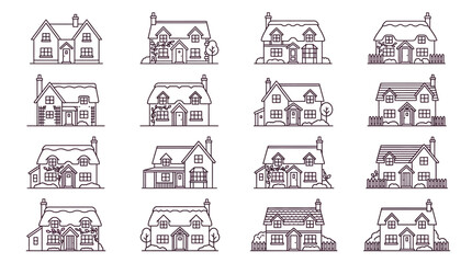 Obraz premium Collection of charming cottage house illustrations, diverse architectural styles, line art, real estate concept