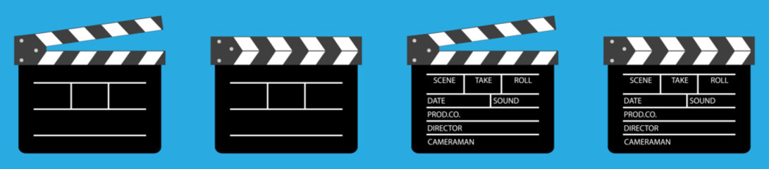 Fototapeta premium Flat vector set of black clapper board icons with open and closed slate design in blank and labeled style. Ideal for filmmaking, cinema, video production, editing, studio, media, and creative project.