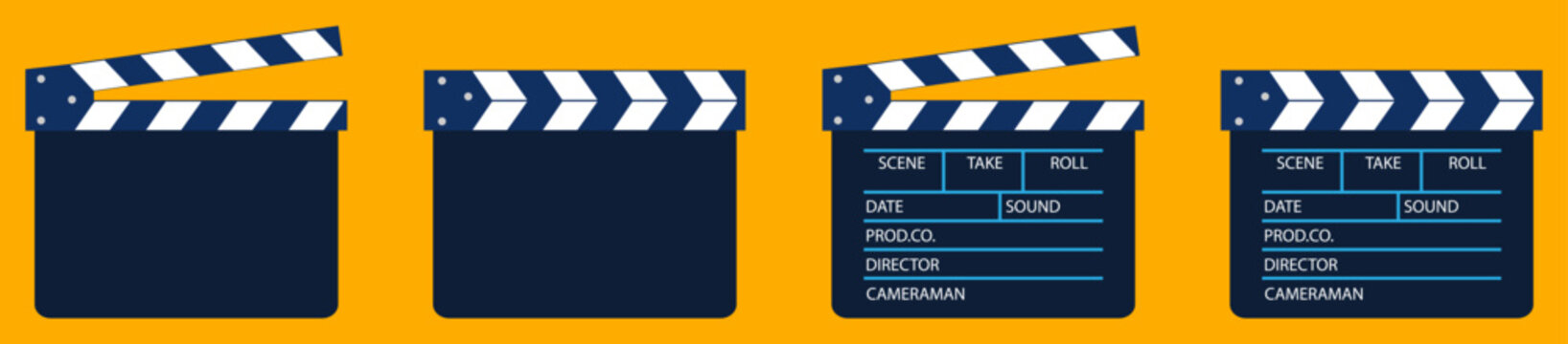 Clapper board icon collection flat vector set on orange background for cinema production design. Clapper board vector icon set. Opened and closed movie clapper film clap board. Vector illustration.