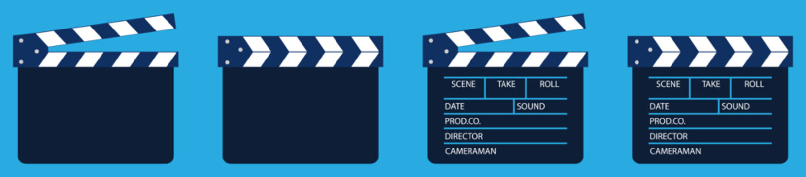 Collection of blue clapper board icons with open and closed slate variation in blank and labeled style. Movie, cinema, film symbol concept. Filmmaking, video production industry equipment. Flt design.