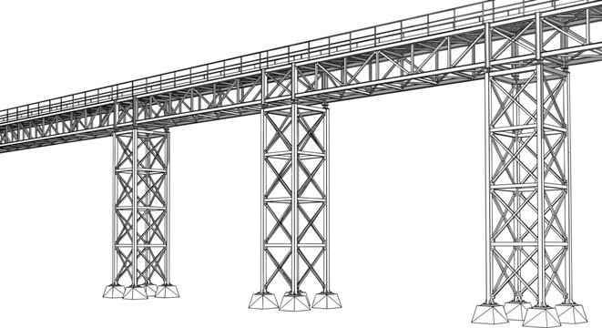 Industrial bridge truss wireframe vector illustration featuring steel construction framework engineering design blueprint drawing 3d perspective sketch
