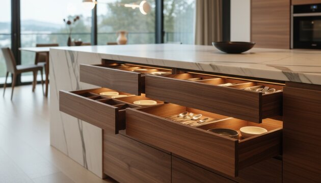 Modern kitchen island with open drawers reveals organized silver cutlery and white plates illuminated by warm light within high end luxury home interior