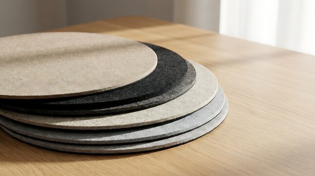 A stack of minimalist circle mouse pad designs in neutral and dark color tones rests on a light wooden table surface in soft natural morning lighting