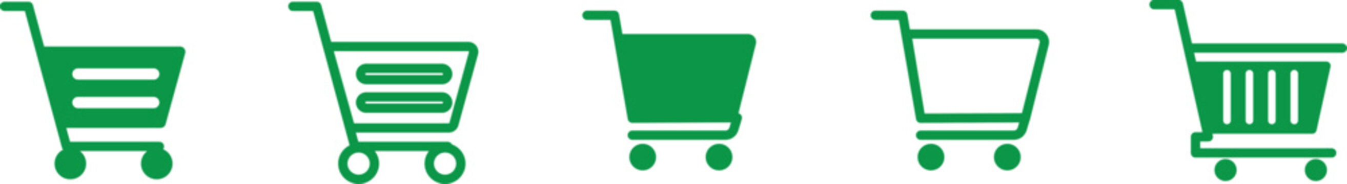 Five green shopping carts in a row