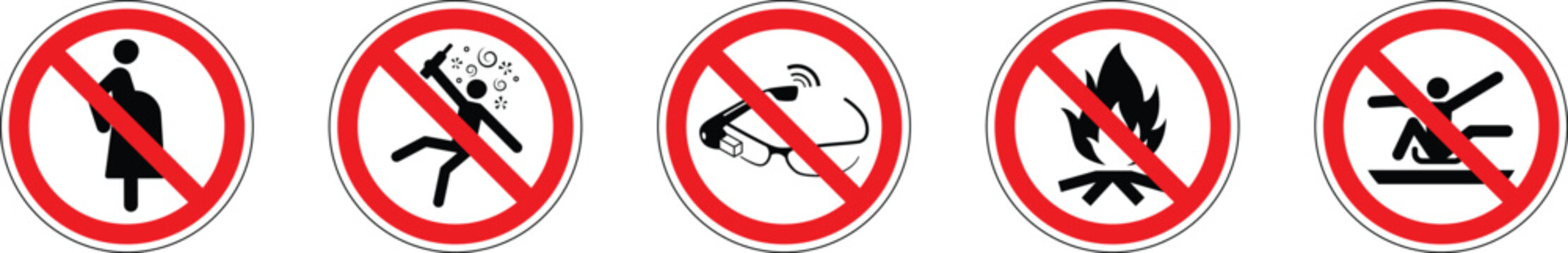 Five prohibited activity icons in red circles