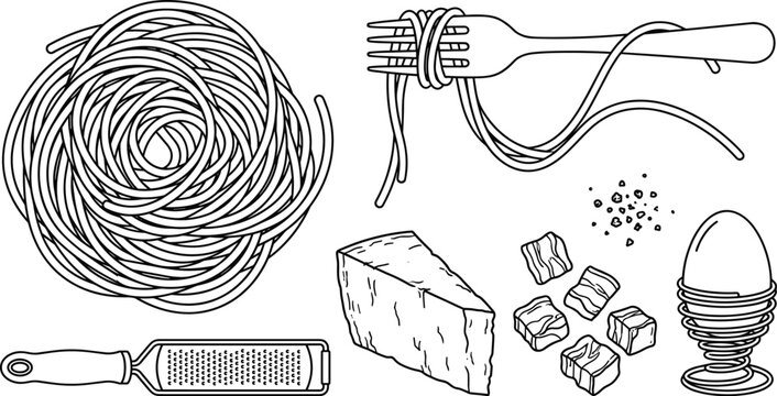 Italian Pasta Carbonara Ingredients Vector Icon Set Featuring Rolled Dough Twirled Spaghetti Fork Hand Grater Cheese Wedge Guanciale Cubes and Soft Boiled Egg