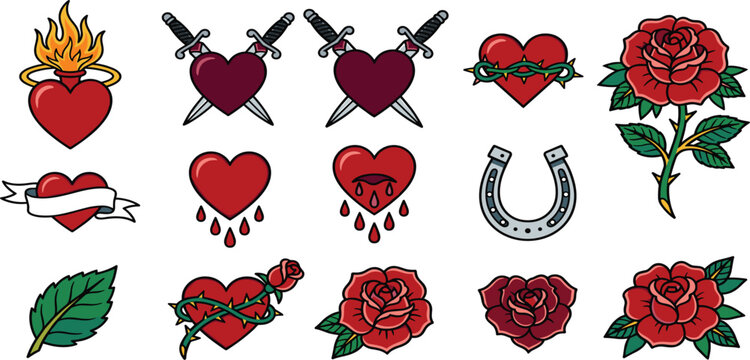 Old School Traditional Tattoo Vector Set Featuring Hearts Daggers Red Roses Thorns Sacred Heart Horseshoe Ribbon Banner And Vintage Flash Art