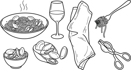 Seafood Spaghetti alle Vongole Dining Vector Illustration Set Featuring Steaming Clam Pasta Bowl Wine Glass Fork Napkin Shells and Lemon Squeezer © Md Shujan islam