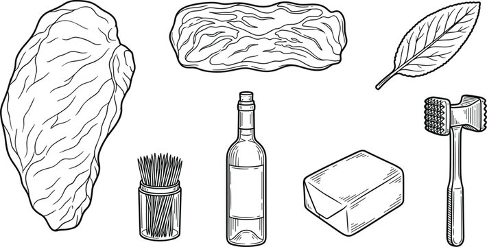 Raw Veal Saltimbocca Cooking Ingredients Vector Icon Set Featuring Meat Cutlet Prosciutto Sage Leaf Toothpicks White Wine Bottle Butter Block and Meat Mallet