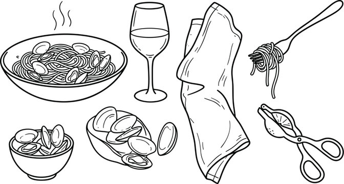 Seafood Spaghetti alle Vongole Dining Vector Illustration Set Featuring Steaming Clam Pasta Bowl Wine Glass Fork Napkin Shells and Lemon Squeezer