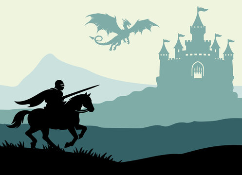 Black silhouette of a knight on background of castle attacked by dragon. Fantasy landscape. Medieval panorama vector illustration