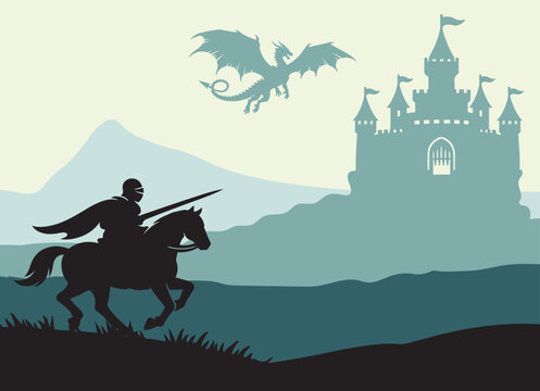 Black silhouette of a knight on background of castle attacked by dragon. Fantasy landscape. Medieval panorama vector illustration