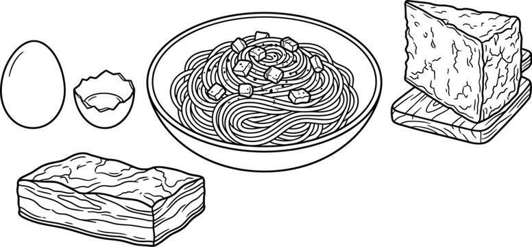 Spaghetti Carbonara Pasta Recipe Vector Illustration Set with Prepared Noodle Bowl Whole Egg Broken Shell Guanciale Pork Block and Pecorino Cheese Wedge
