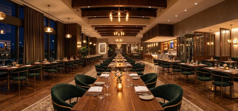 Restaurant interior with long dining tables set with white tablecloths and green velvet chairs, illuminated by warm pendant lights