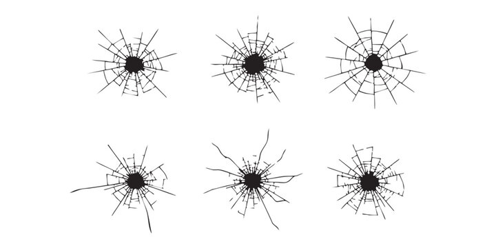 Set of black broken glass cracks and bullet hole shapes on a clean surface