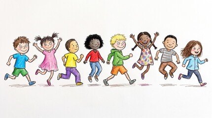 Fototapeta premium Hand Drawn Kids Pencil Drawing Happy People Lineup