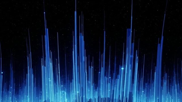 Abstract background with bright blue vertical light streaks and glowing lines on a dark backdrop representing data flow and digital technology 4K video