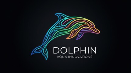 Fototapeta premium Modern professional logo featuring stylized dolphin with vibrant lines aqua innovations text.