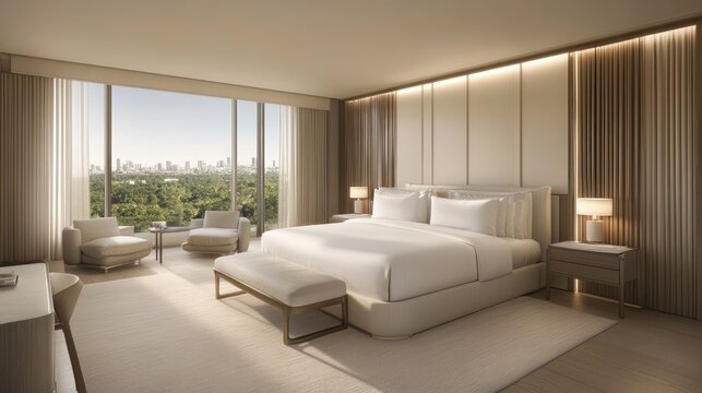 Modern luxury bedroom interior design with city view