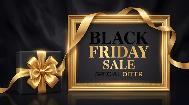 Elegant black friday sale advertisement with golden ribbon and gift box