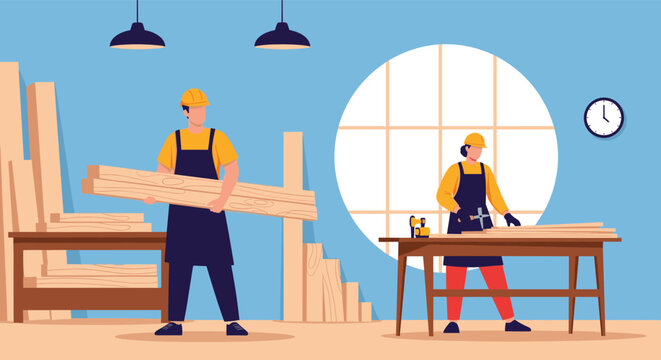 Two professional woodworkers wearing yellow safety helmets while working on wooden boards in a carpentry workshop.
