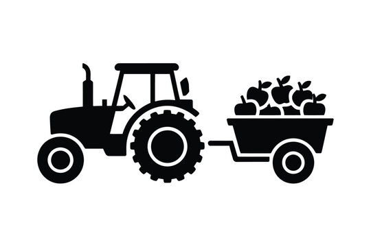 Black silhouette vector illustration of a farm tractor pulling a small trailer loaded with fresh harvested autumn fruit isolated on a clean white background for agricultural design