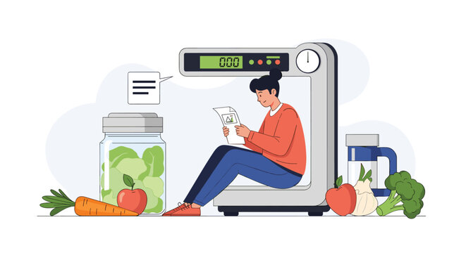 Young woman sitting inside giant kitchen scale and analyzing nutritional value of fresh vegetables and fruits.