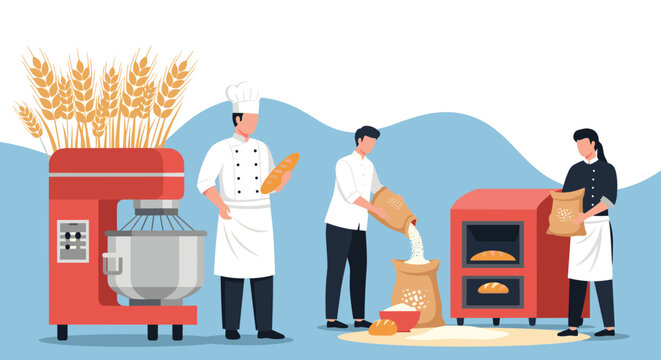 Professional bakers in uniforms preparing dough and baking fresh bread in a bakery kitchen with industrial machines.