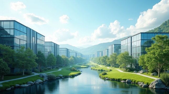 Modern eco-friendly office complex buildings along a scenic river in a green valley.