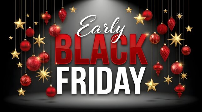 Early black friday sale with christmas ornaments and stars
