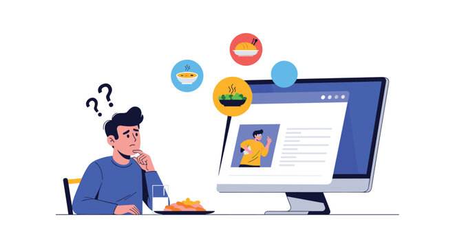 Confused man looking at various hot food option icons on a desktop computer screen trying to decide his meal.