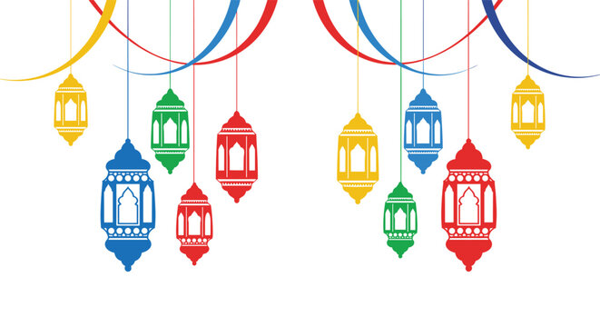 Collection of colorful traditional Islamic lanterns hanging with ribbons as decorative elements for Ramadan.