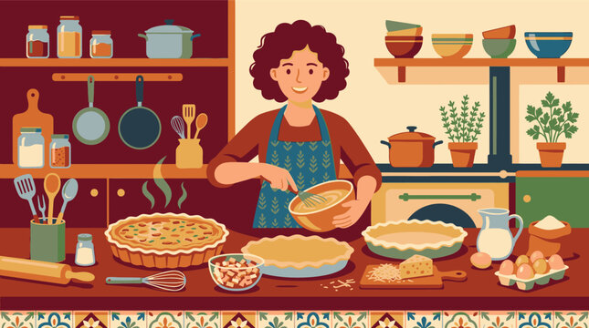 Woman baking animation of pie in kitchen with rolling pin and ingredients