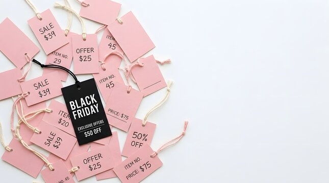 Black friday sale tags and price labels scattered on white background promotional offer
