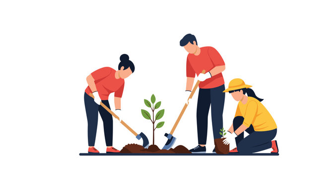 Caring group of active volunteers planting a young tree sapling in the soil to support environmental conservation.