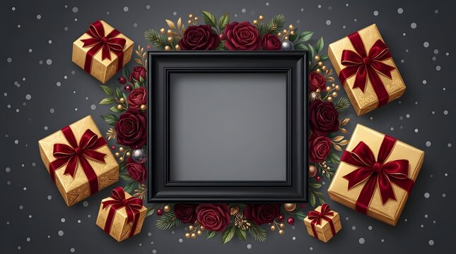 Festive holiday mockup with roses and gifts elegant black frame for product display