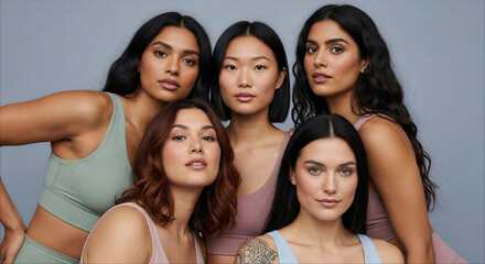 Obraz premium Group of five diverse young women of different ethnicities posing in activewear against a grey background, showcasing natural beauty, skin inclusivity, and female empowerment.
