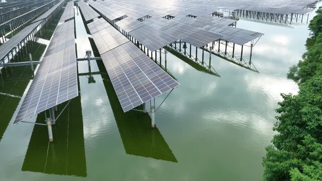Aerial view of fishery-solar complementary photovoltaic power station on water