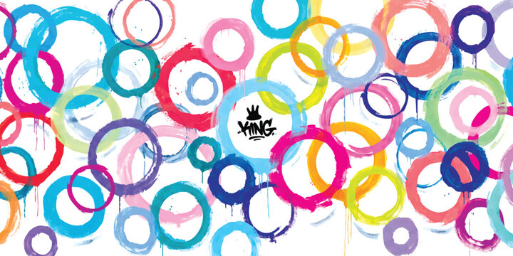 Colorful spray paint circles graffiti background with king tag