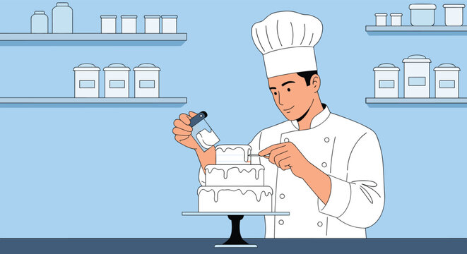 Experienced professional pastry chef carefully decorating a multi-tiered white wedding cake in a bakery kitchen.